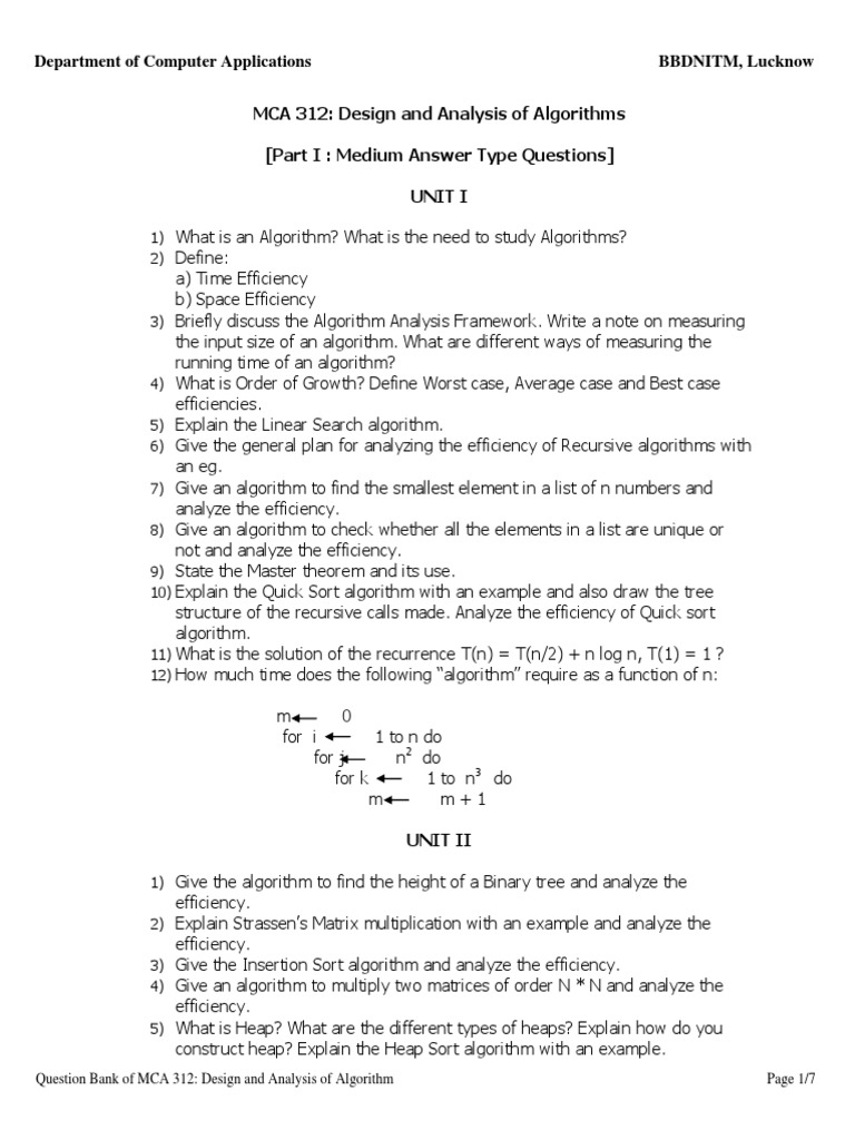 Mca 312 Design Analysis Of Algorithm Questionbank Time
