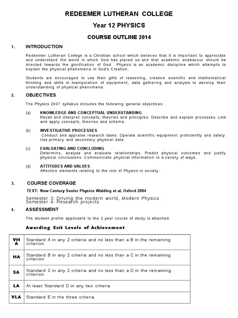Redeemer Lutheran College Year 12 PHYSICS: Course Outline 2014 | PDF ...