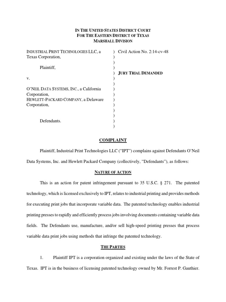 Industrial Print Technologies v. ONeil Data Systems Et. Al. PDF