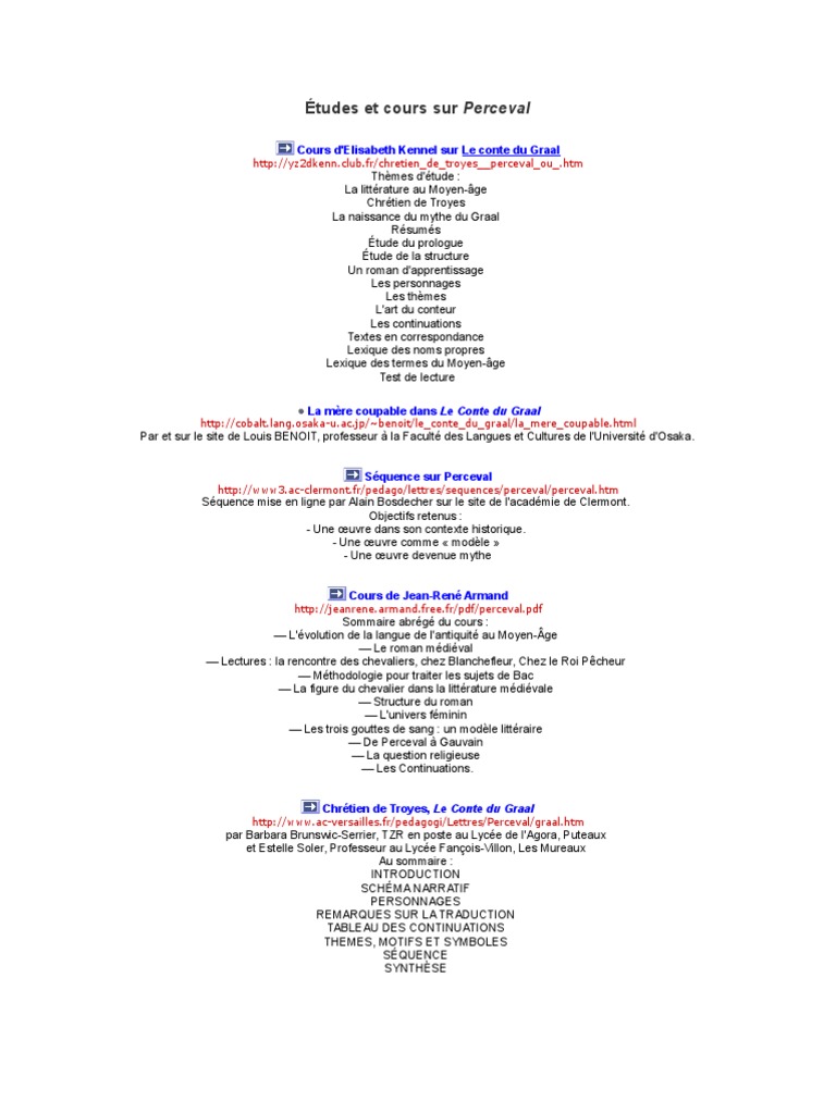 Questionnaire Perceval Ou Le Conte Du Graal 5ème Études Et Cours Sur Perceval | PDF | Chrétien De Troyes | Graal