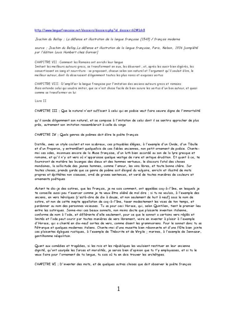 Extraits De La Defense Et Illustration De La Langue Francaise Horace Sonnets