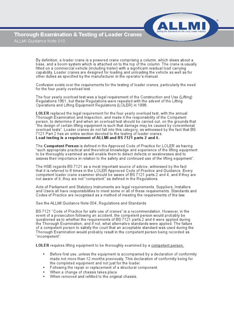 Thorough Examination & Testing of Loader Cranes: ALLMI Guidance Note ...