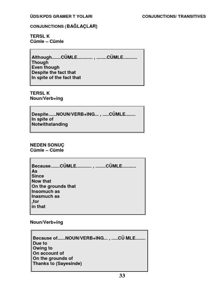 Üds/Kpds Gramer Tiyolari Conjunctions/ Transitives Conjunctions ( | PDF ...