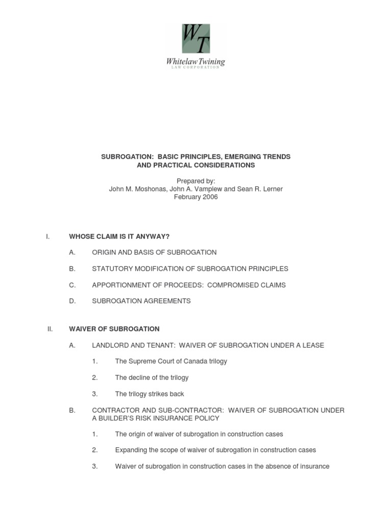 Subrogation Subrogation Lease