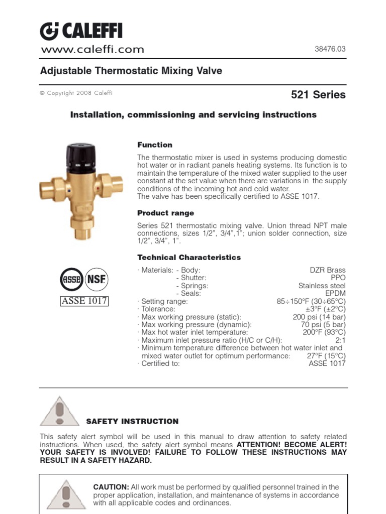 Caleffi 3Way Mixing Valves 521 Installation Manual Valve Water Heating