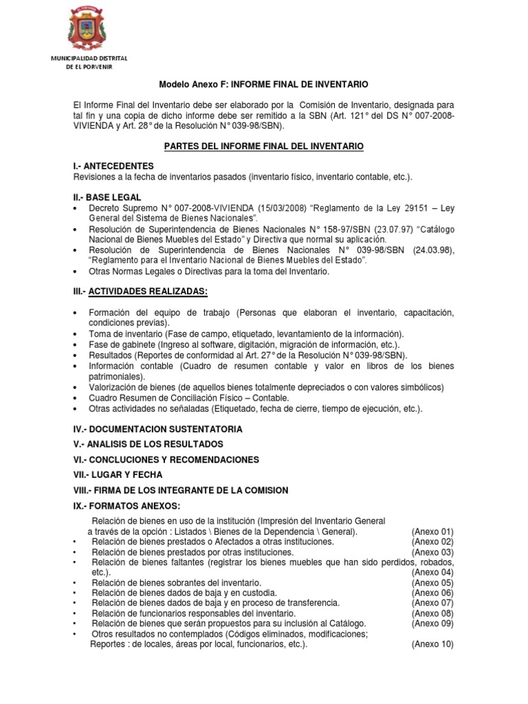 Modelo de informe de entrega de inventario