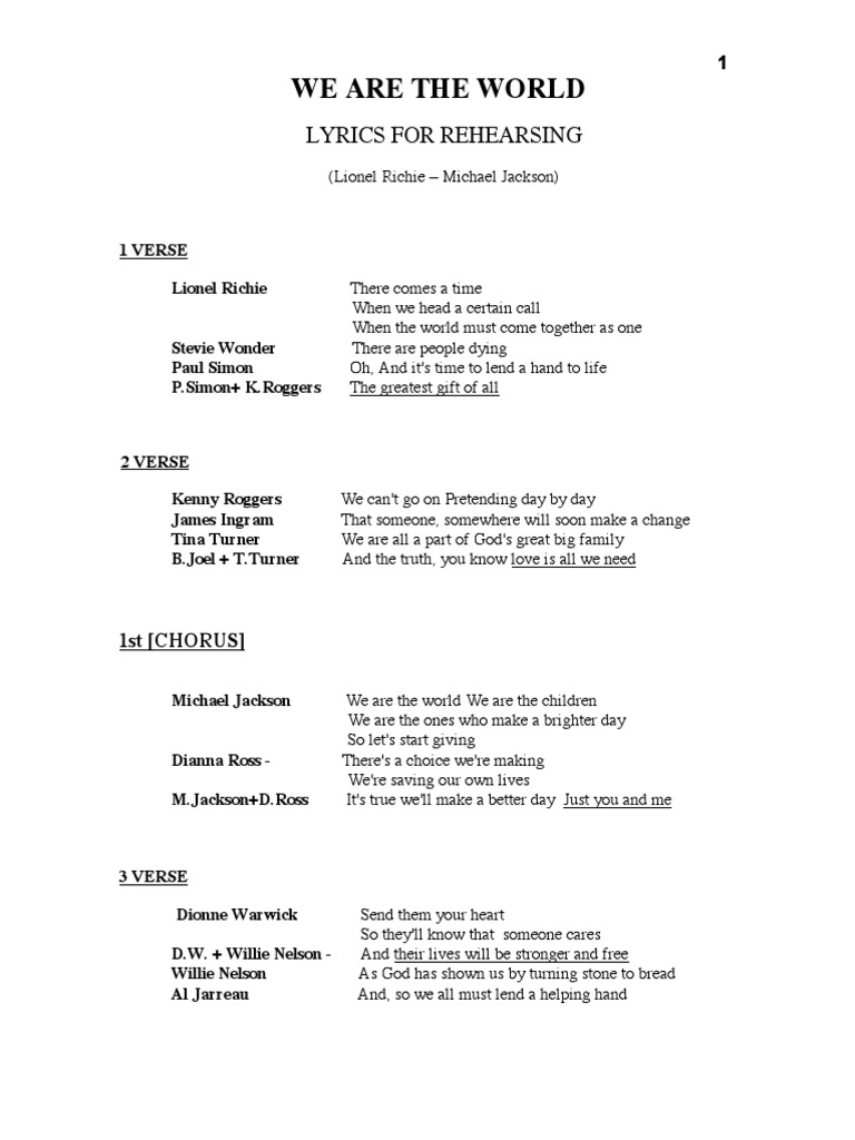 We Are The World Lyrics