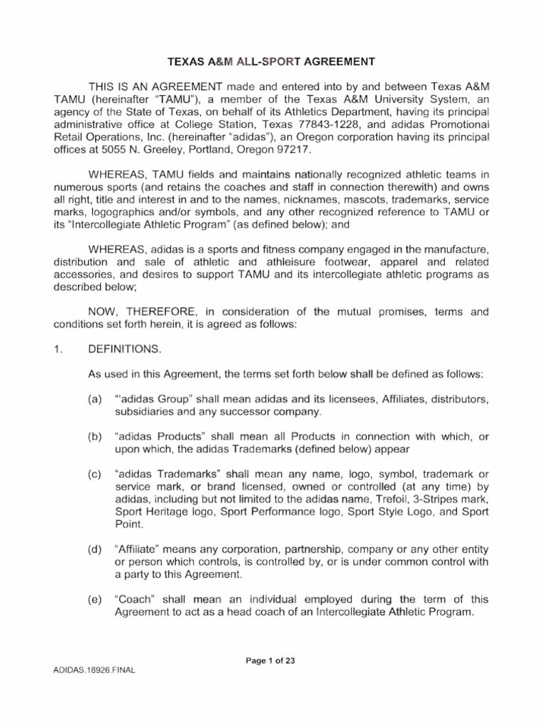 Texas A&M-Adidas Sponsorship Agreement | PDF | Indemnity | Sports