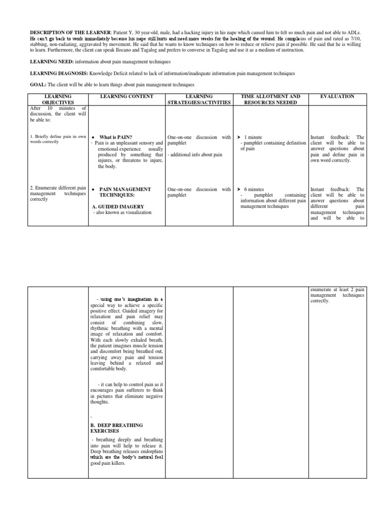 Pain Management Teaching Plan PDF Relaxation (Psychology) Pain