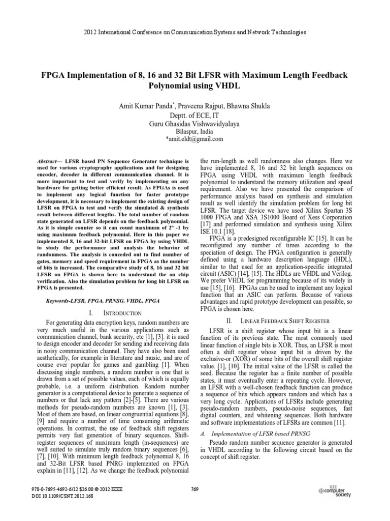 FPGA Implementation of 8, 16 and 32 Bit LFSR With Maximum Length ...
