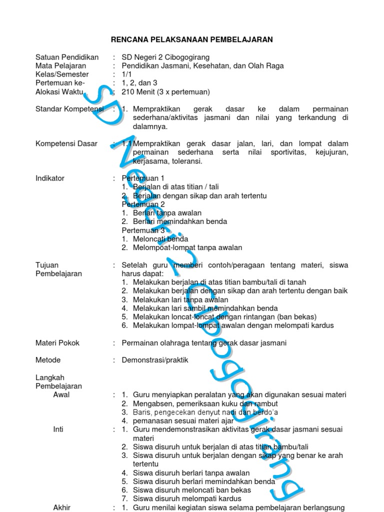 RPP Penjas SD Kelas 1-6 Semester 1