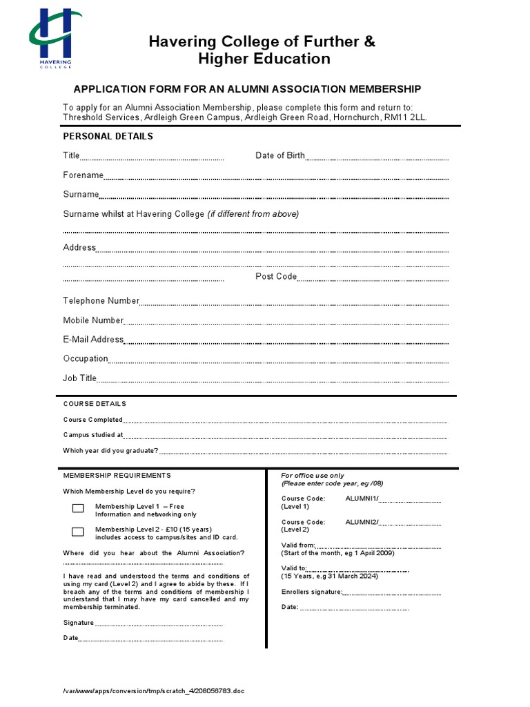 Alumni Membership Application Form Pdf Government Business