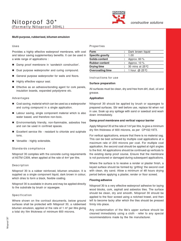 Nitoproof 30 Waterproofing Solutions | PDF | Asphalt | Adhesive