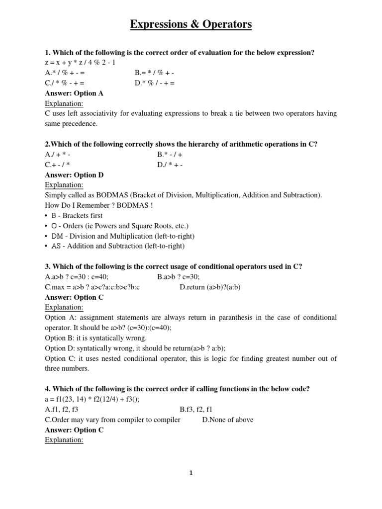 Expressions-Objective Type Q & A | Download Free PDF | C (Programming ...