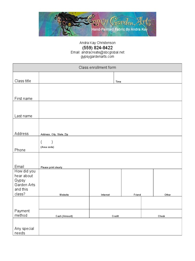 Gypsy Garden Arts Class Enrollment Form | PDF | Home & Garden