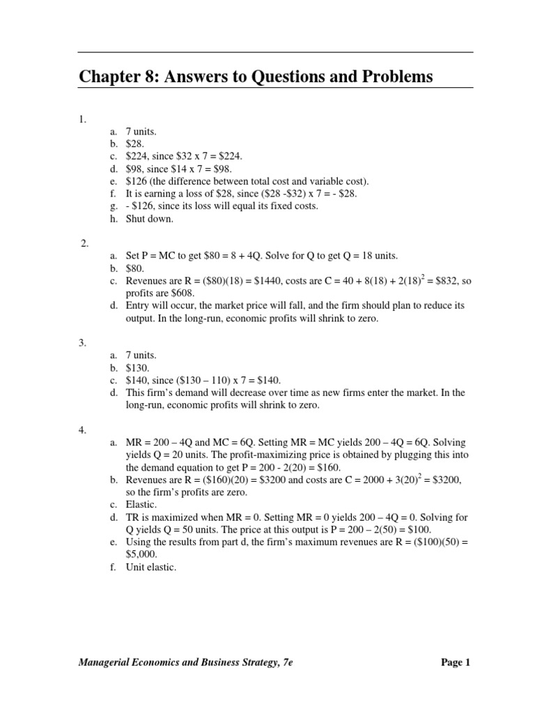 Managerial Economics Michael Baye Chapter 8 Answers Demand Profit Economics