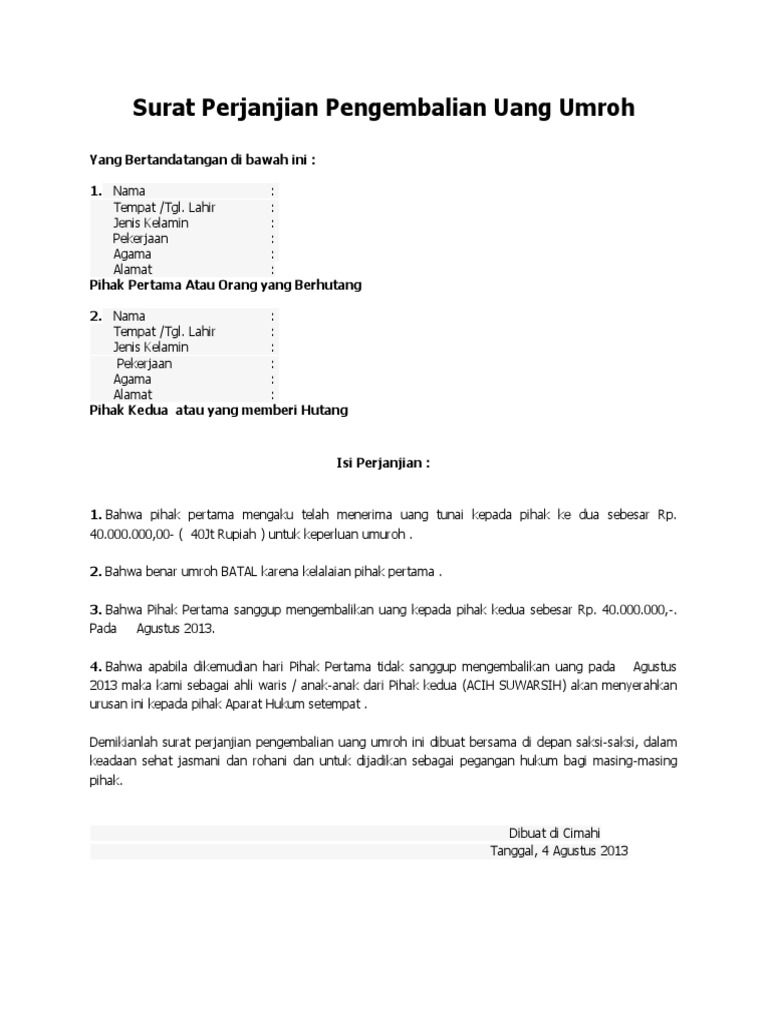 Surat Perjanjian Pengembalian Uang Umroh Surat Pernyataan Kesanggupan Pengembalian Uangmuka Penjualan.