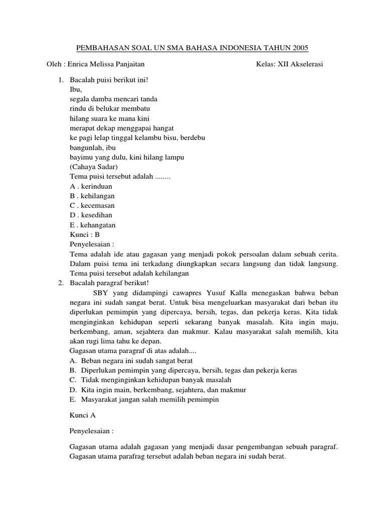 Pembahasan Soal Uan Sma Bahasa Indonesia Tahun 2005