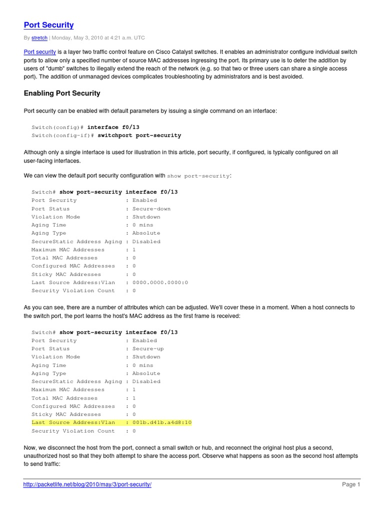 Configuring Cisco Switch Port Security | PDF | Network Switch | Port ...