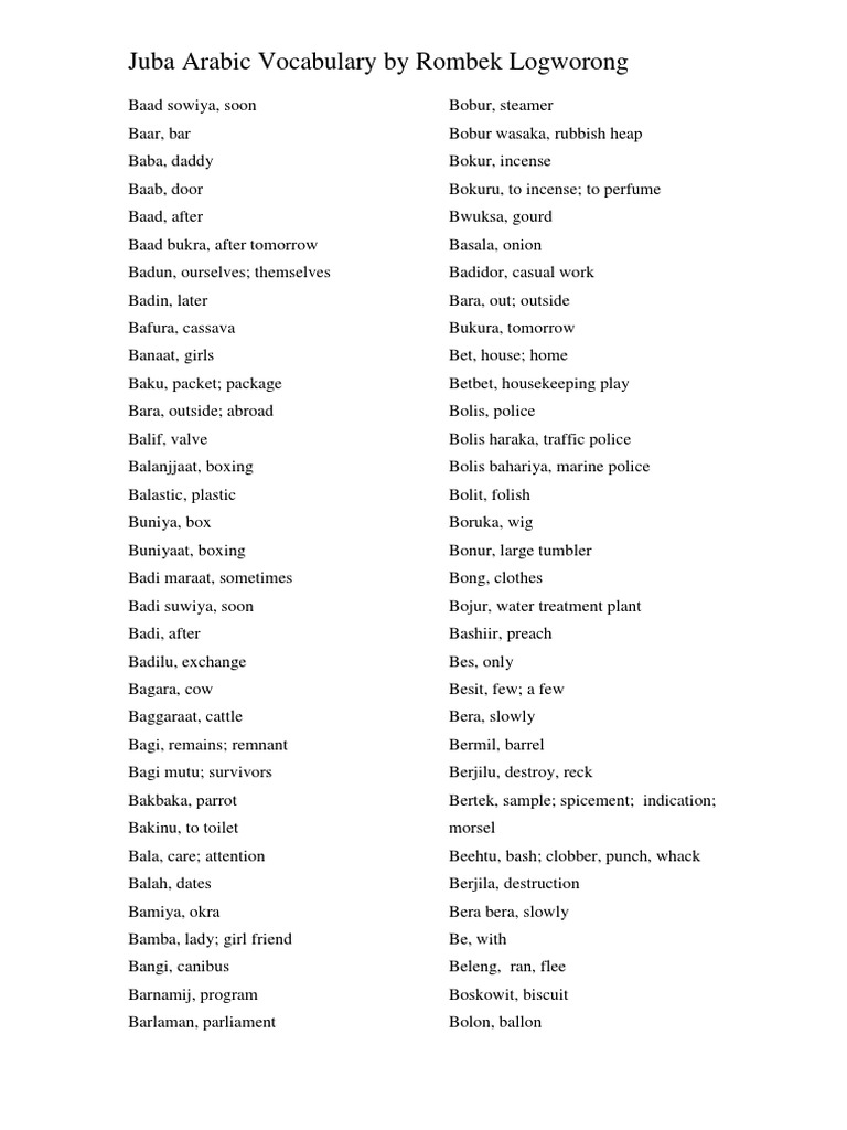 Juba Arabic Vocabulary Crops Foods