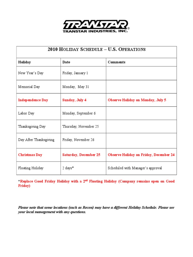 2010 US Holiday Schedule | PDF