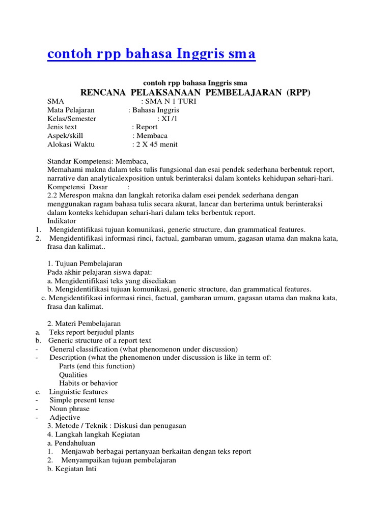 Contoh RPP Bahasa Inggris Sma | PDF