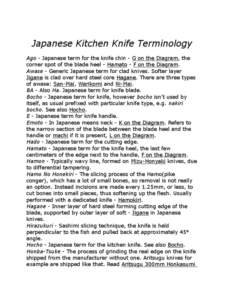 Japanese Kitchen Knife Terminology PDF Knife Blade