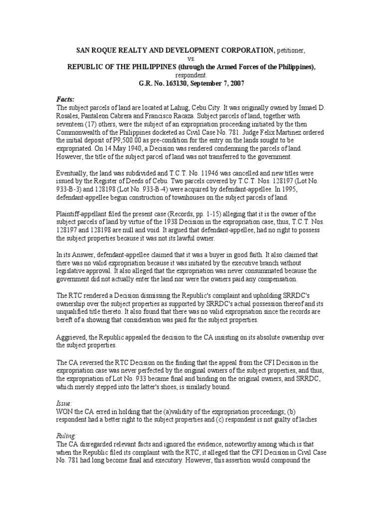 28 San Roque Realty Vs Republic Digest PDF Ownership Laches (Equity)