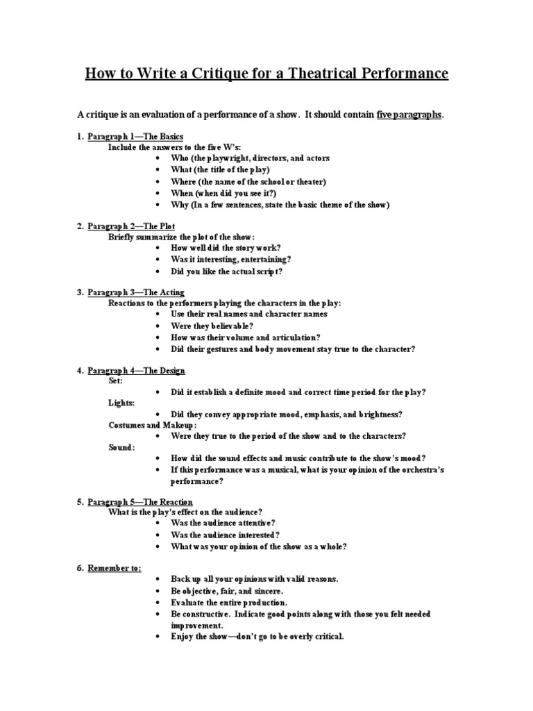 How To Write A Critique For A Theatrical Performance  PDF