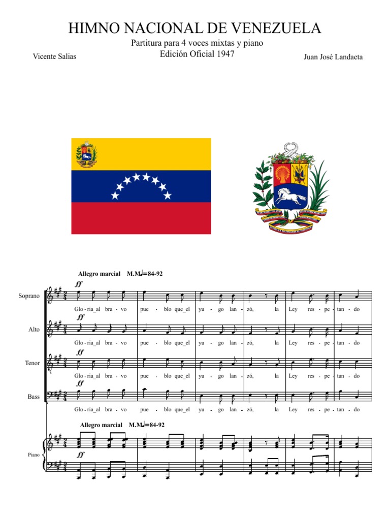 Himno Nacional de Venezuela. Piano y Coro Mixto PDF Garganta Humana Tecnicas musicales
