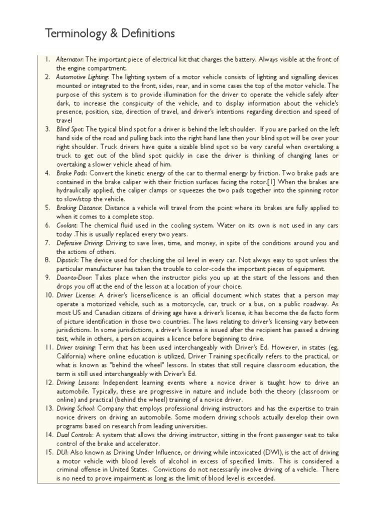 Driving Terminology and Definitions | PDF | Driving | Traffic
