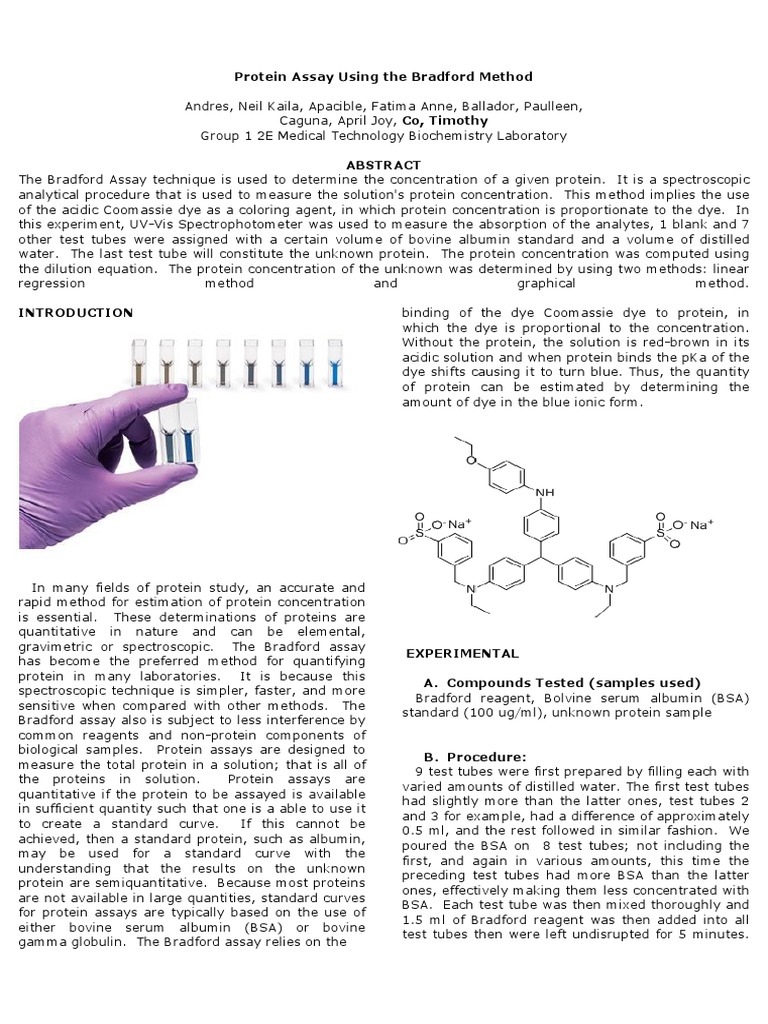 Protein Assay Using the Bradford Method Laboratories Biochemistry