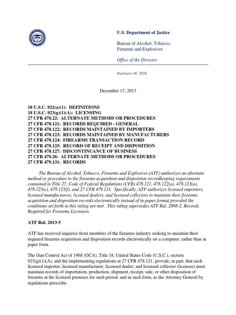 Atf Ruling 20135 Requirements to Keep Firearms Acquisition and