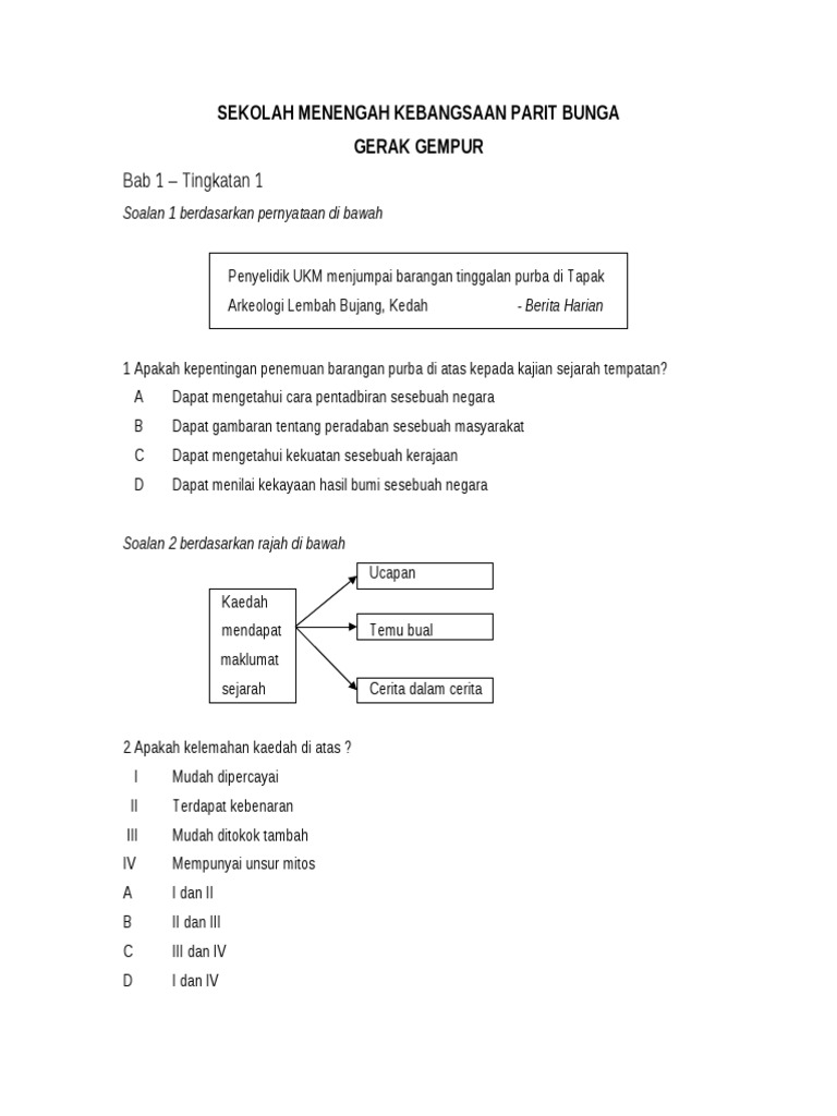 Soalan Sejarah tingkatan 1