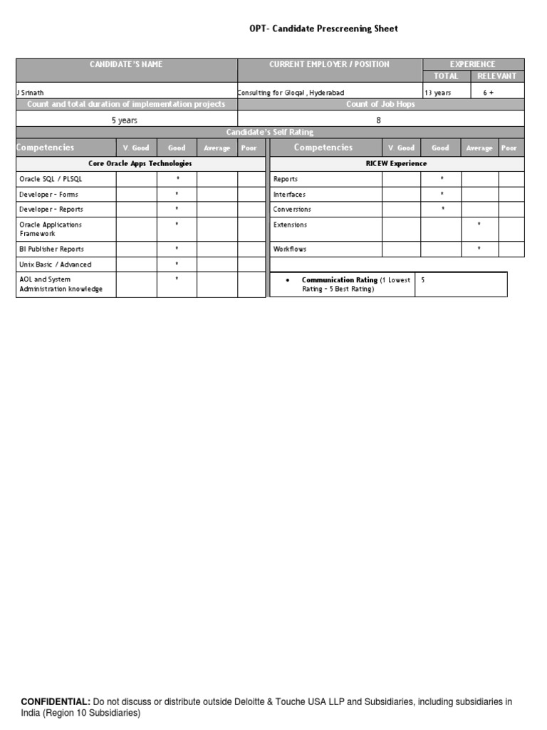 Candidate Prescreening Sheet Template | PDF