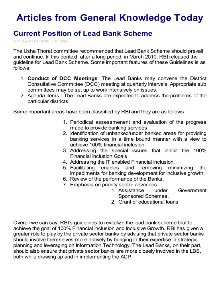 Lead Bank Scheme Guidelines Overview | PDF