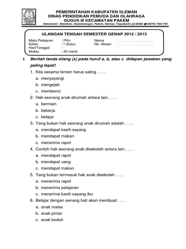 Contoh Soal Pkn Kelas 1 Sd Semester Ganjil