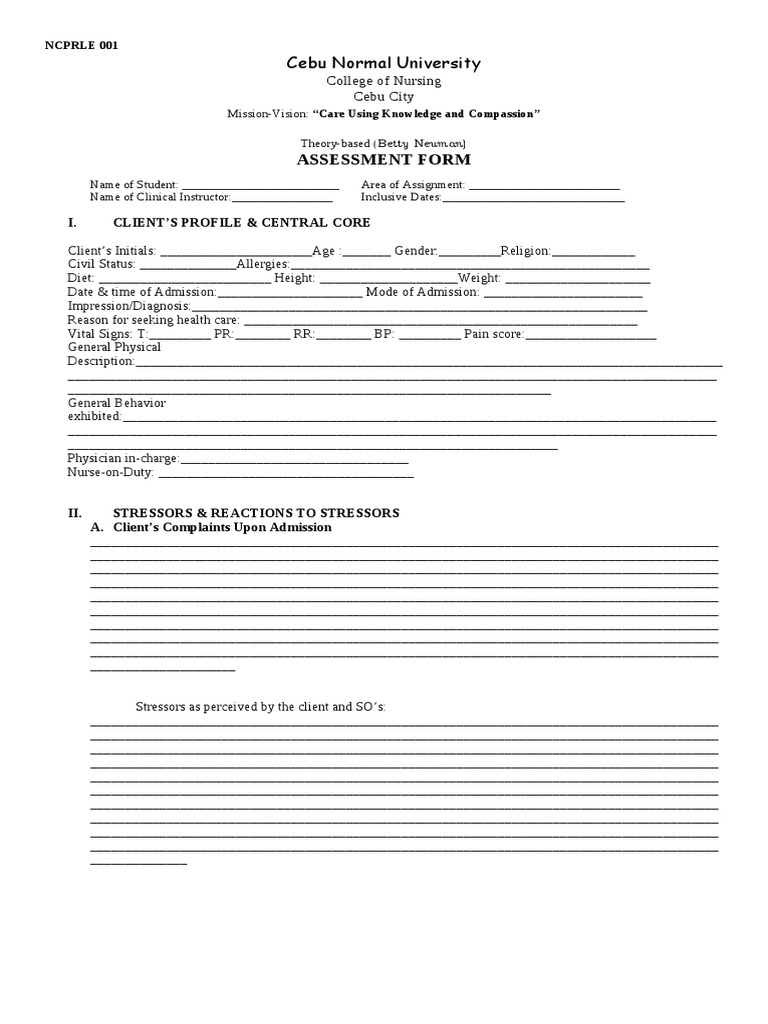 RLE 001Assessment Form Urinary Incontinence Medical Diagnosis