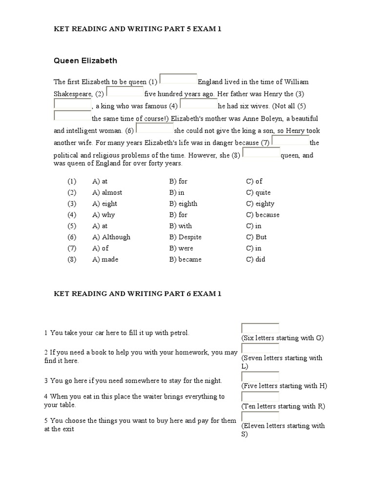 Ket Reading and Writing Part 5 Exam 1y Part 6 Exam 1