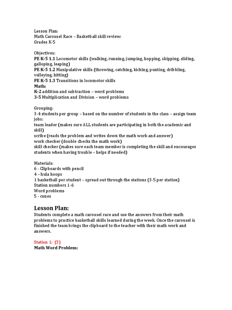 Lesson Plan - Basketball Carousel | Pdf | Lesson Plan | Sports