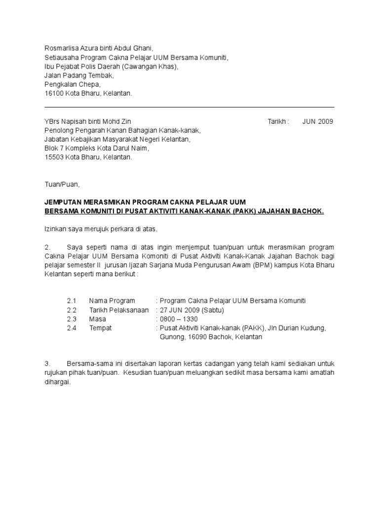 Surat Memohon Kebenaran Menjemput Menteri Merasmi