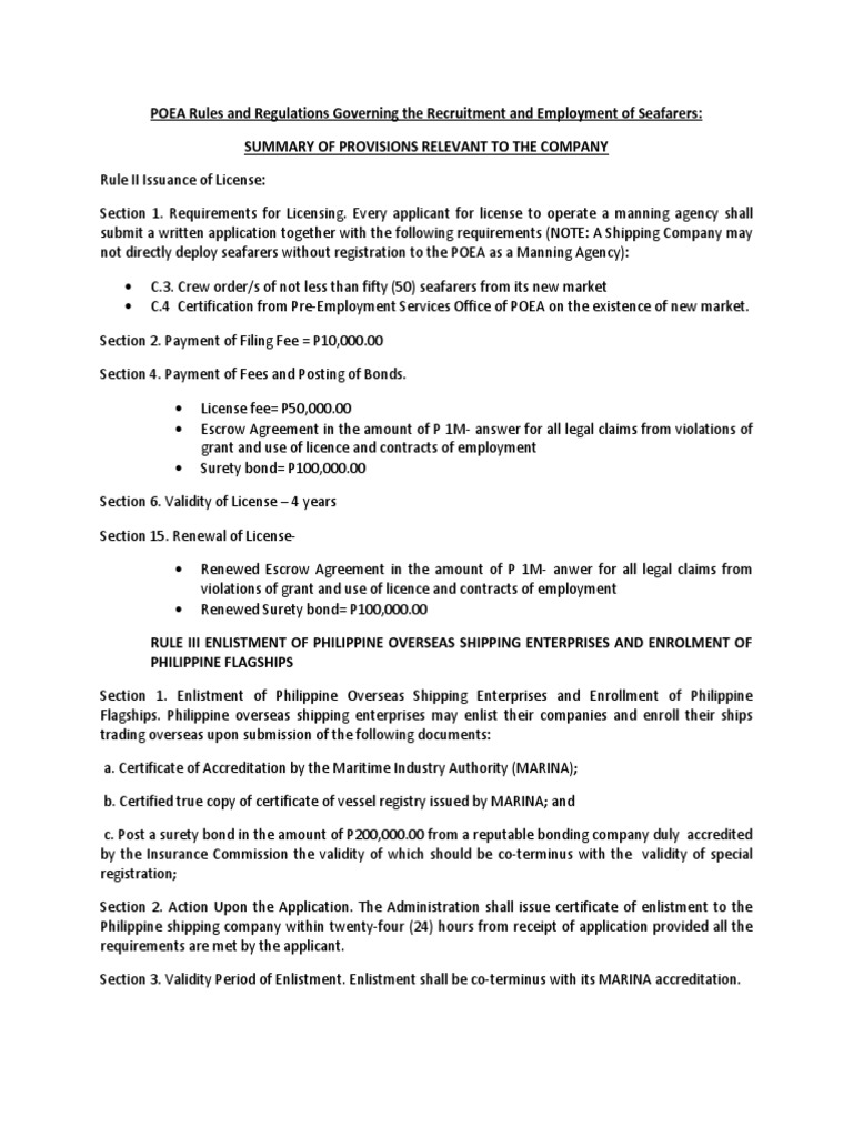 POEA Rules and Regulations Governing the Recruitment and Employment of ...