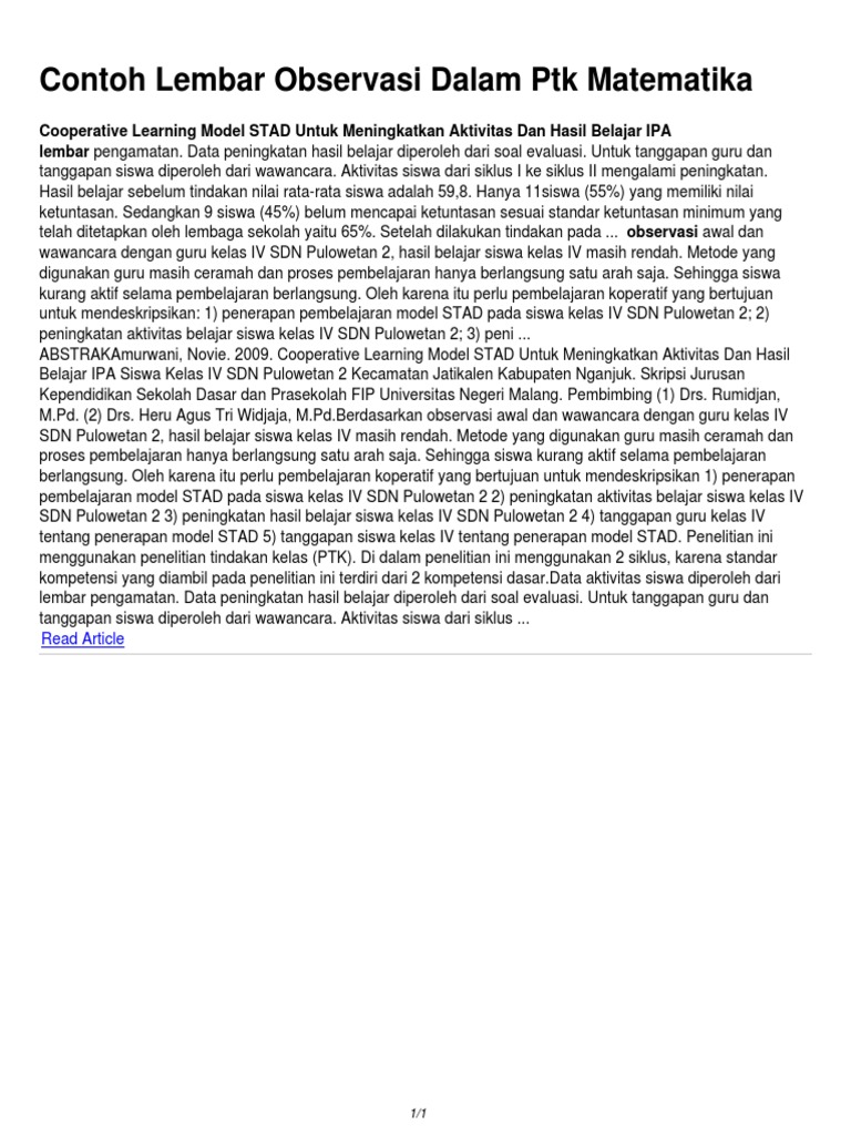 Contoh Lembar Observasi Dalam Ptk Matematika