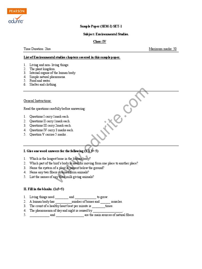 Class 4 EVS Term 1 Sample Paper | PDF | Plants | Foods