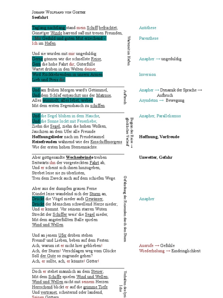 K12 Deutsch Mitschrift Gedichtbesprechung Seefahrt Von Goethe