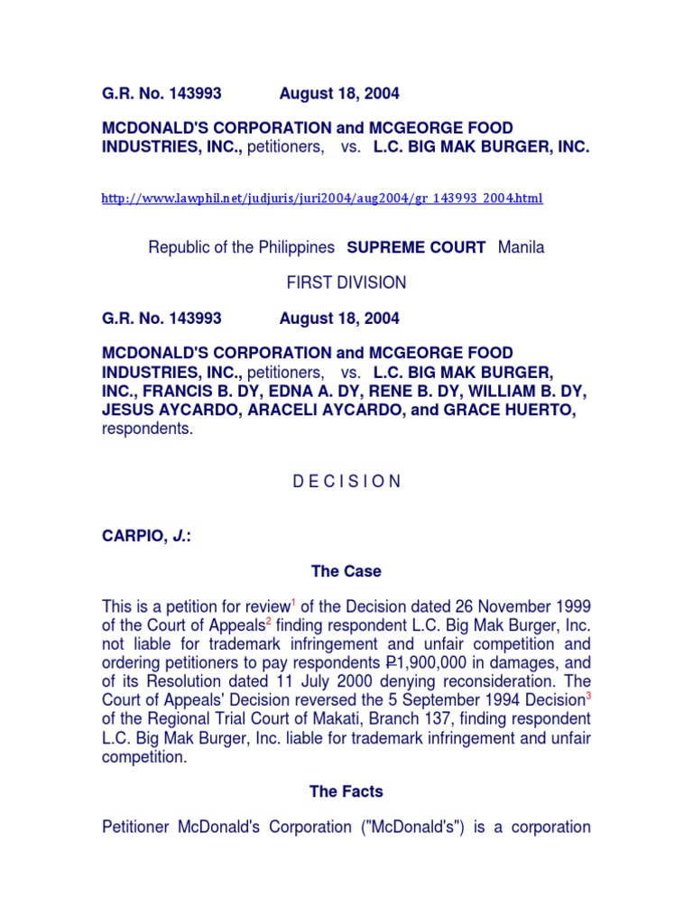 Mcdonals Vs Big Mak Burger Trademark Mc Donald S