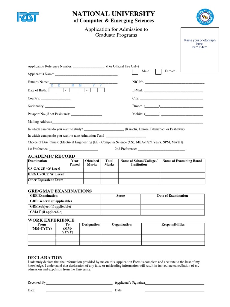 Graduate Admission Application Form | PDF