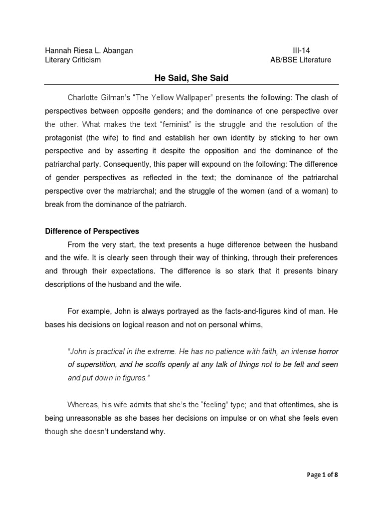 Feminism The Yellow Wallpaper PDF Matriarchy The Yellow Wallpaper