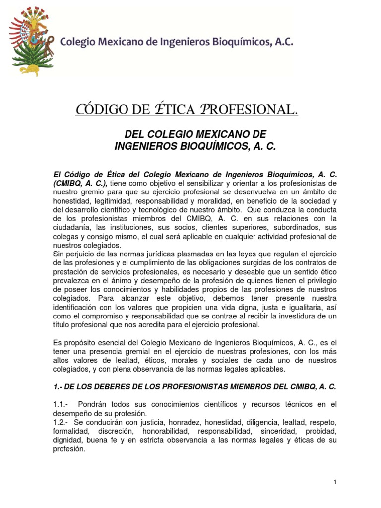 Código De Ética Profesional. Del Colegio Mexicano De Ingenieros Bioquímicos, A. C Derechos