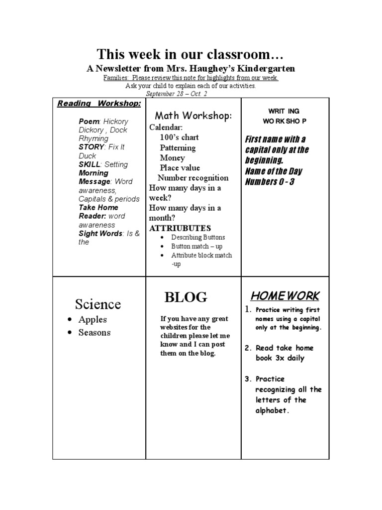 Kindergarten Weekly Newsletter Highlights | PDF